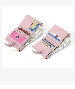 Detailed interior of pink PU leather wallet showing multiple card slots and coin pocket