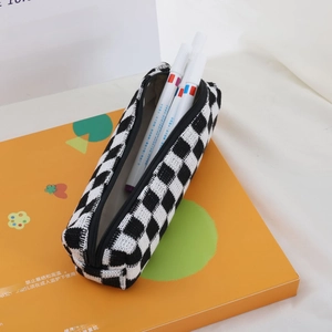 Checkered knit pencil case with zipper closure and large capacity for stationery