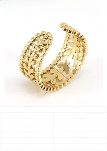 Detailed specs of adjustable 18K gold plated stainless steel ring with leaf pattern