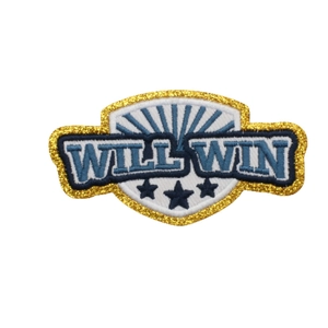Rugby shield patch with WILL WIN embroidery and golden glitter edge on white background