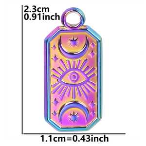 Detailed view of rainbow rectangle evil eye pendant with engraved sun and moon motifs