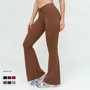 High waisted ruched yoga flare pants in dark coffee brown with a slimming fit