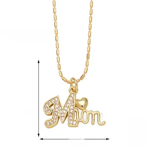Detailed size specifications for gold Mom pendant necklace with cubic zirconia and measurements