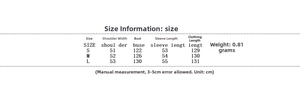 Detailed size chart for black long coat with measurements for shoulder, chest, and sleeve length
