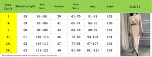 Detailed size chart for solid color long sleeve dress with bust and waist measurements
