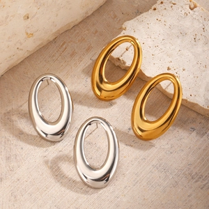 Geometric Oval Stud Earrings Stainless Steel Hollow Exaggerated Hip Hop Punk Style Polished For Women