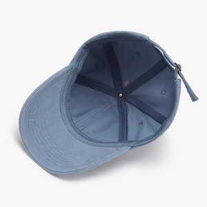 Gray-blue washed cotton baseball cap with adjustable metal buckle and breathable interior