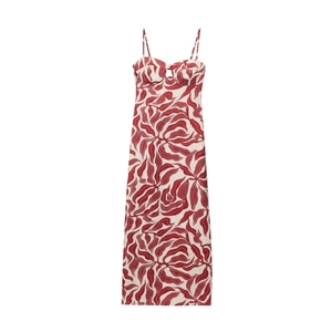 Floral leaf print midi dress with spaghetti straps and sweetheart neckline on white back