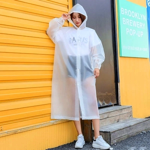 Thick translucent white raincoat for women with drawstring hood and elastic cuffs