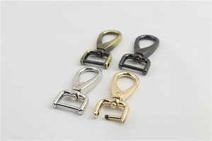 Detail of metal swivel snap hooks in four finishes with detachable screw bars