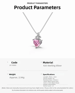 Detail specifications of S925 silver necklace with 1ct pink heart zircon pendant