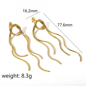 Detailed view of gold snake chain tassel earrings with size 16.2mm by 77.6mm dimensions