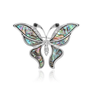 Vintage Alloy Butterfly Brooch For Women With Natural Abalone Shell And Rhinestone Inlay Fashion Creative Insect Pin Jewelry