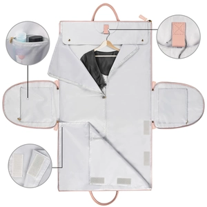 Grey PU folding travel garment bag with pink accents and multifunctional storage sections