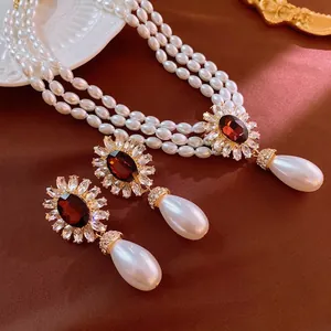 Collier Et Boucles D Oreilles Floraux Palais Vintage Avec Pierre Rouge Strass Künstliche Perle D Imitation Tige Argent
