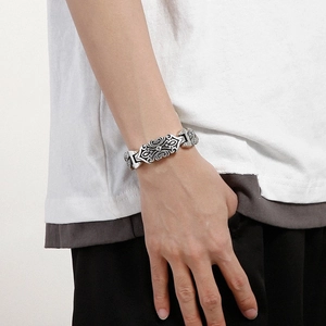 Vintage gothic carved cross bracelet in antique silver plated stainless steel for men