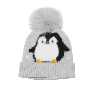 Kids grey knitted beanie featuring a cute penguin pattern and a fluffy pom-pom top