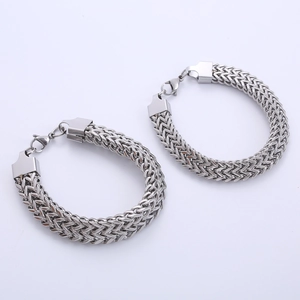 Silver stainless steel franco chain bracelet set with textured wheat weave and lobster clasp