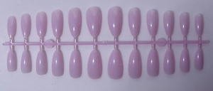 Detailed view of 24 pieces almond lavender glossy press-on nails on a layout frame