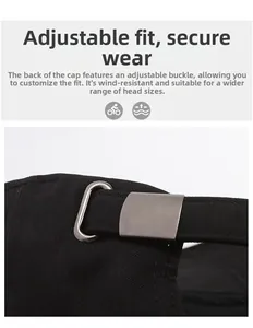 Detail of adjustable metal buckle on black cotton baseball cap for custom fit