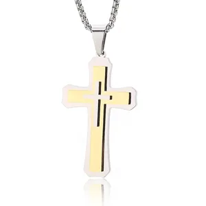Collier Pendentif Croix Homme Acier Inoxydable Multicouche Double Couche Bijoux Hip Hop Punk Couleur Or Argent