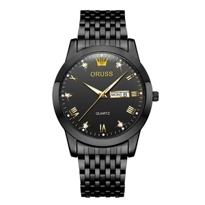 Detail of black quartz watch face with golden Roman numerals and dual date display