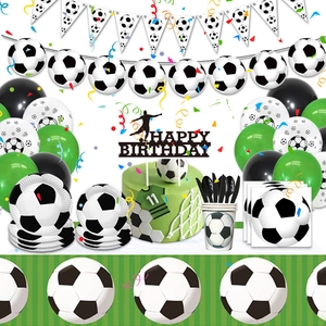 Soccer theme party set with plates, cups, napkins and balloons for birthday celebrations