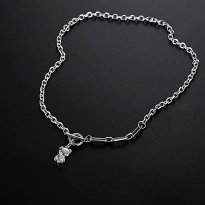 Cute teddy bear pendant necklace with toggle OT clasp and polished silver link chain