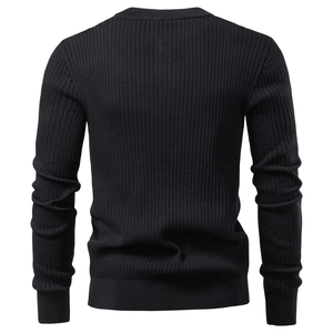 Men's black long sleeve knit henley t-shirt with ribbed texture back view display