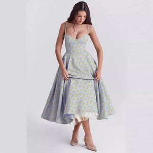 Elegant French style light blue floral midi dress with dual straps and mesh lining
