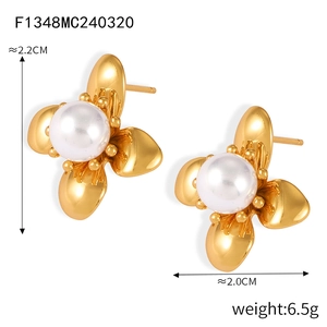 Detail of 18K gold-plated textured petal earrings with white pearl center inlay