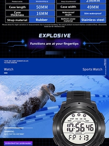 Size chart showing 50mm case and rubber strap details for waterproof digital watch