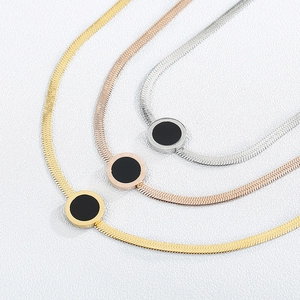 Stainless Steel Flat Snake Chain Necklace Round Pendant With Black Inlay Elegant Minimalist Jewelry For Women