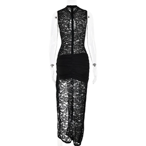 Detail view of lace mesh long dress featuring back ruching and elegant high neck design