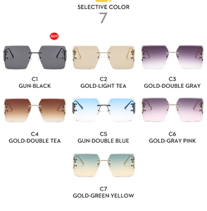 Selective color display of seven square rimless sunglasses in various gradient lenses