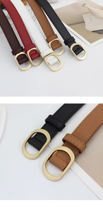 Detailansicht schmaler Ledergürtel mit eleganten goldenen Schnallen in verschiedenen Farben
