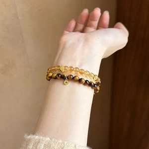Vintage double-layer tiger eye and citrine beaded bracelet with golden coin pendant