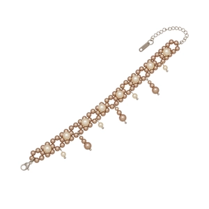 Elegant double-layer woven pearl bracelet with brown and white pearls and silver clasp