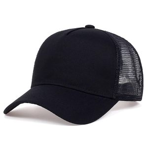 Detailed side view of black mesh truck cap showing breathable fabric and curved brim