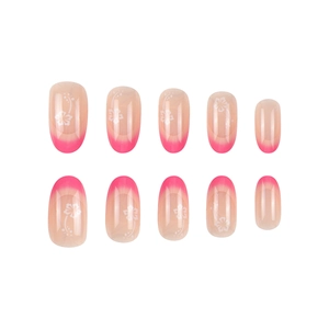 Pink French gradient press-on nails with white hibiscus flower patterns for summer
