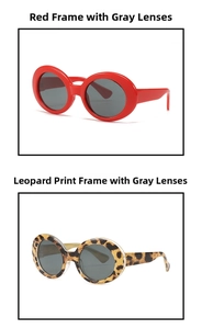 Détail de lunettes de soleil ovales pour animaux en rouge et avec monture imprimé léopard