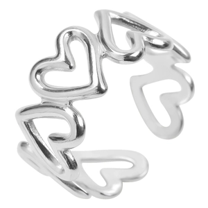 Detailed macro view of silver hollow heart-shaped band with a polished steel finish
