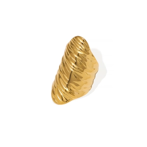 Fashionable golden stainless steel ring with textured oval liquid metal ripple design