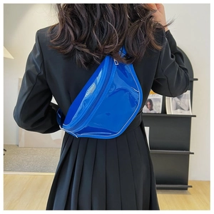 Detail view of royal blue patent PVC chest bag with silver zipper and glossy finish
