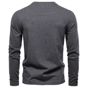 Deep grey long sleeve cotton V-neck T-shirt for men shown from a back view perspective