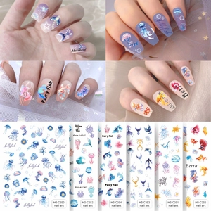 Self-adhesive aurora nail art stickers featuring mermaid, jellyfish and betta fish designs