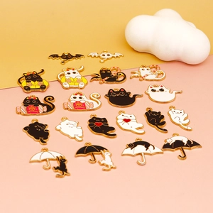 Halloween black and white cat alloy charms for DIY jewelry making in various cute designs