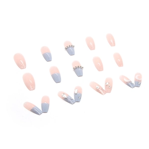 Pastel blue and pink long coffin press-on nails with glitter, star-moon and rhinestone art