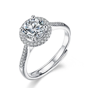 Top view of a silver crown ring with a halo-set round stone and sparkling pavé accents