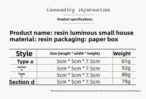 Size chart showing dimensions and weight for resin glowing Christmas house ornaments